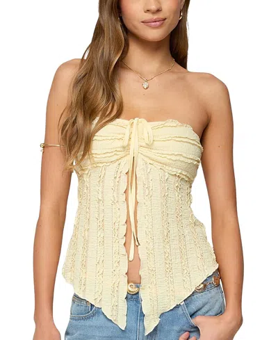Edikted Textured Ruffle Split Front Strapless Top In Neutral