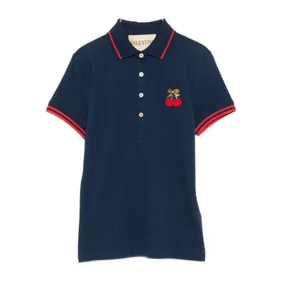 Valentino Cherry Embroidery Polo With Contrast Trim In Blue