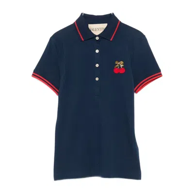 Valentino Cherry Embroidery Polo With Contrast Trim In Blue