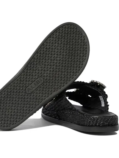 Alibi Greta Crystal Buckle Raffia Sandals In Black