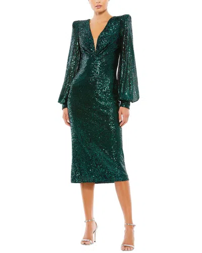 Mac Duggal Sequined Structure Bishop Sleeve Column Gown In Green