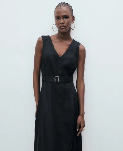 Mango Belted Linen Dress In Black