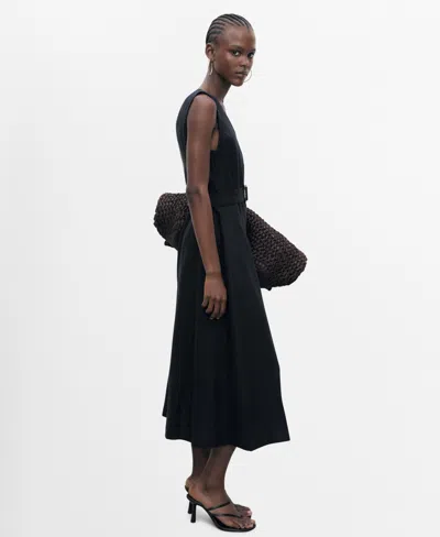 Mango Belted Linen Dress In Black
