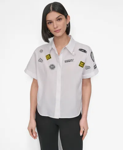 Dkny Pins & Patches Short Sleeve Button-up Shirt In White