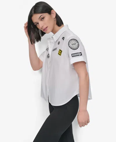 Dkny Pins & Patches Short Sleeve Button-up Shirt In White