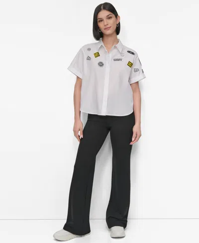 Dkny Pins & Patches Short Sleeve Button-up Shirt In White