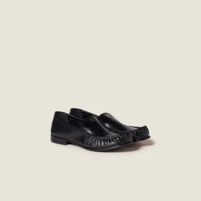 Miu Miu Gathered Detail Black Buffalo Leather Loafers In Black