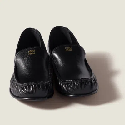 Miu Miu Gathered Detail Black Buffalo Leather Loafers In Black