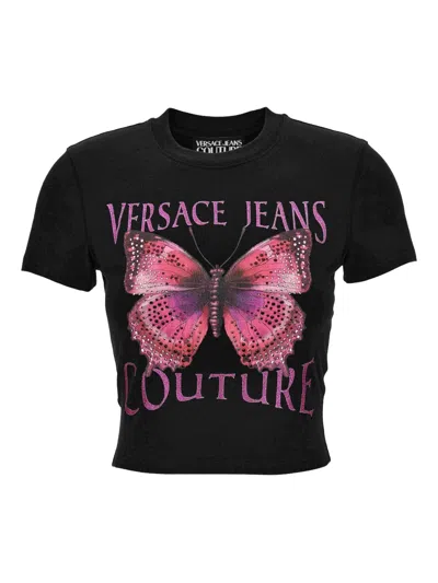 Versace Jeans Couture Black Cotton Crew-neck T-shirt With Print In Black