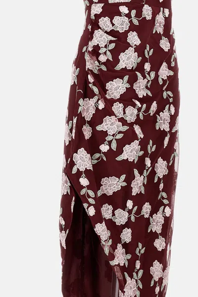 Rotate Birger Christensen Rotate Asymmetric Red Dress With Floral Embroidery And Short Sleeves In Red
