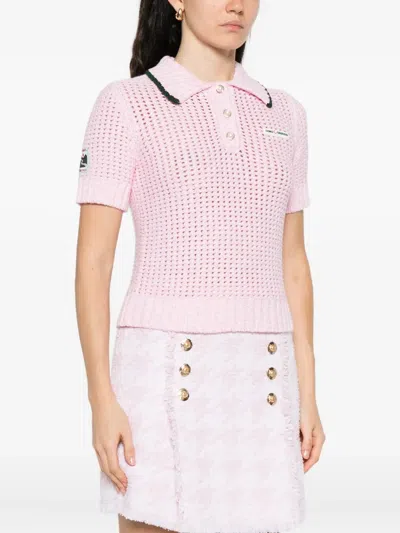 Casablanca Mouline Crochet-knit Cropped Polo In Pink