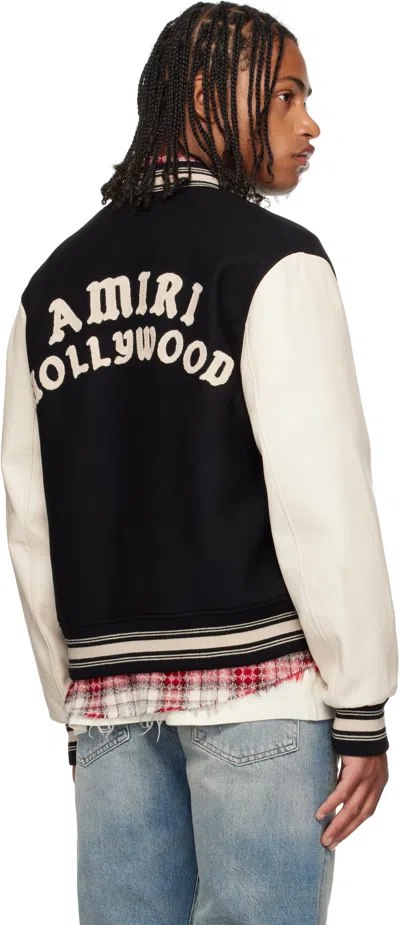 Amiri Mens Hollywood Embroidered-text Wool-leather Blend Bomber Jacket Black Xl