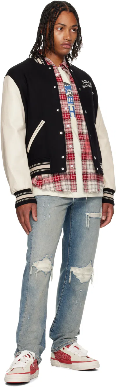 Amiri Mens Hollywood Embroidered-text Wool-leather Blend Bomber Jacket Black Xl