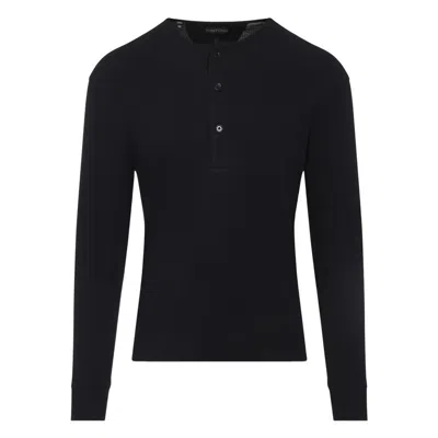 Tom Ford Mens Black Henley Ribbed Relaxed-fit Cotton-blend T-shirt In Blue