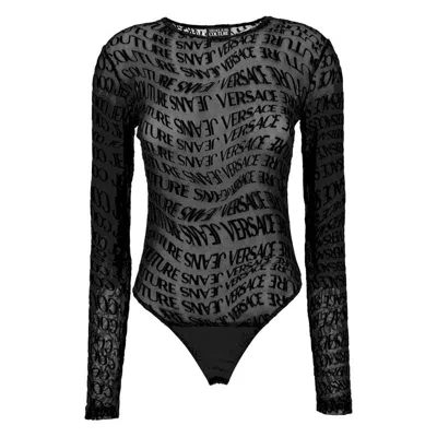 Versace Jeans Couture Logo-print Mesh Bodysuit In Black