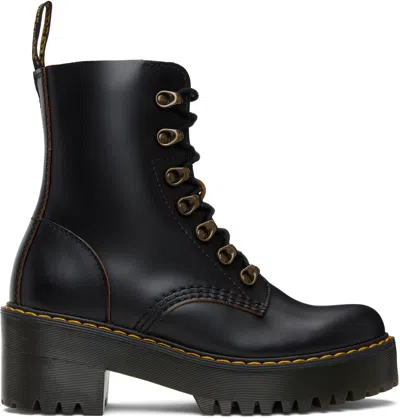Dr. Martens Black Leona Vintage Smooth Leather Heeled Boots In Black