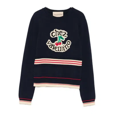 Valentino Cotton Sweater Crew Neck Long Sleeves In Blue