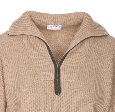 Brunello Cucinelli Ribbed Cashmere Deep-v Monili Trim Pullover In Brown