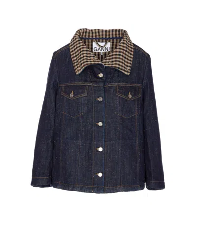 Ganni Bonded Denim Jacket Stitch Detailing In Blue