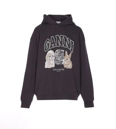 Ganni Hoodie With Logo Print In Black