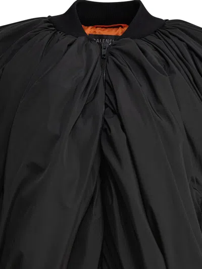 Balenciaga Black Bomber Draped Jacket With Elastic Rear Hem In Tech Fabric Woman In Black