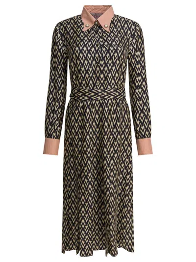 Valentino Waist Belted Buttoned Collar Long Sleeved Dress In Black