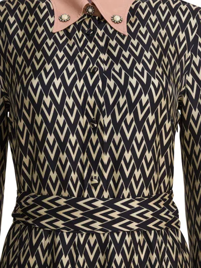 Valentino Waist Belted Buttoned Collar Long Sleeved Dress In Black