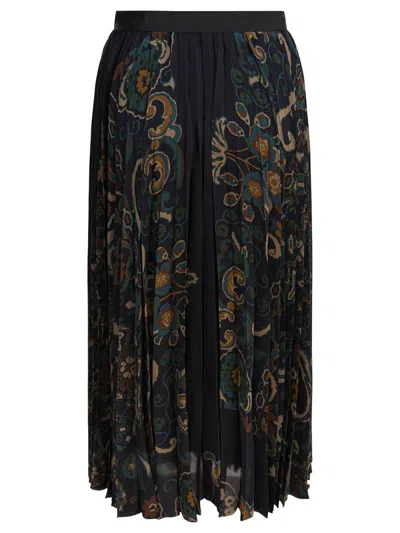 Sacai Womens Navy Floral Pleated Woven Midi Skirt In Black