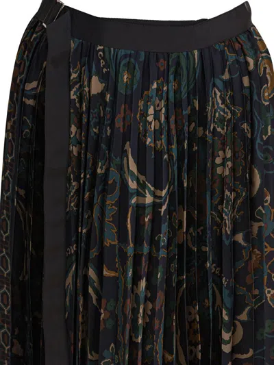 Sacai Womens Navy Floral Pleated Woven Midi Skirt In Black