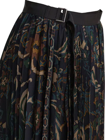 Sacai Womens Navy Floral Pleated Woven Midi Skirt In Black