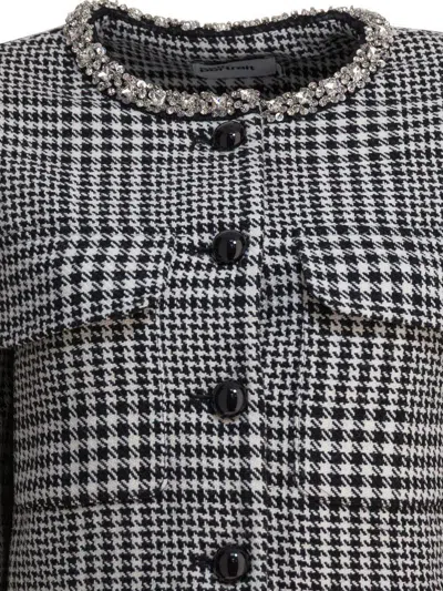 Self-portrait Houndstooth Crystal Trim Blazer In Gray