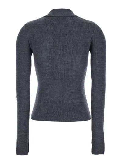 Ganni Grey Sweater With Classic Collar And Check Motif On The Front In Wool Woman In Gray