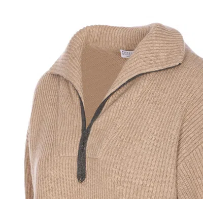 Brunello Cucinelli Ribbed Cashmere Deep-v Monili Trim Pullover In Brown