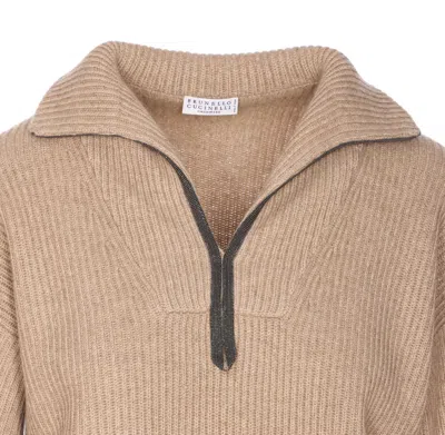 Brunello Cucinelli Ribbed Cashmere Deep-v Monili Trim Pullover In Brown