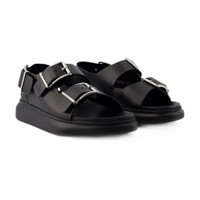 Alexander Mcqueen Black Slide Sandals With Embossed Logo In Leather Man In Black