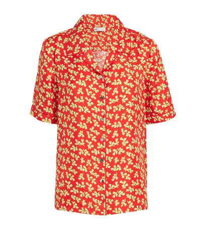 Tory Burch Silk Leaf Print Short-sleeve Shirt In Red