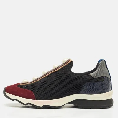Pre-owned Fendi Black/burgundy Mesh And Suede Pearl Technical Slip On Sneakers Size 37