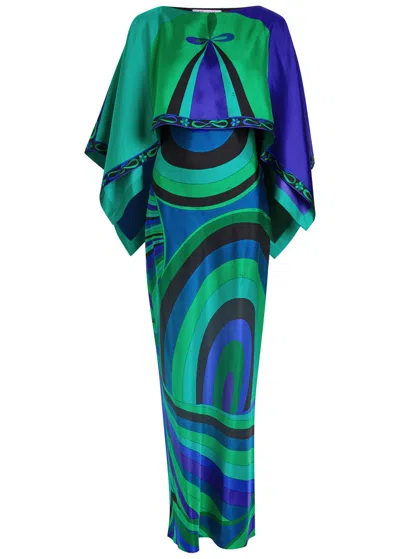 Pucci Iride-print Silk Twill Maxi Dress With Cape In Blue