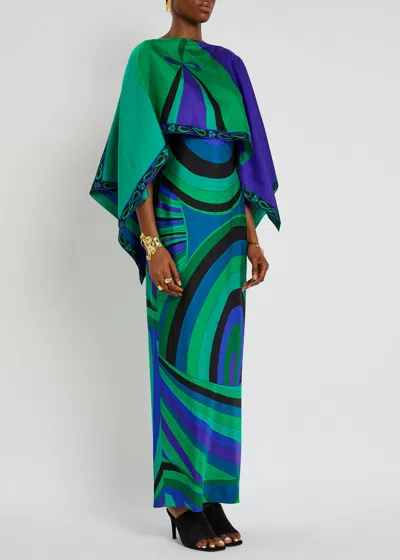 Pucci Iride-print Silk Twill Maxi Dress With Cape In Blue