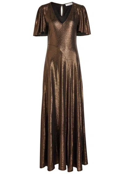 Luxe De Valentina Fluted Como Metallic Jersey Gown In Brown