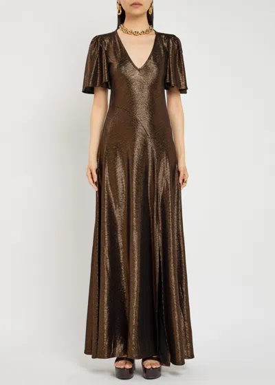 Luxe De Valentina Fluted Como Metallic Jersey Gown In Brown