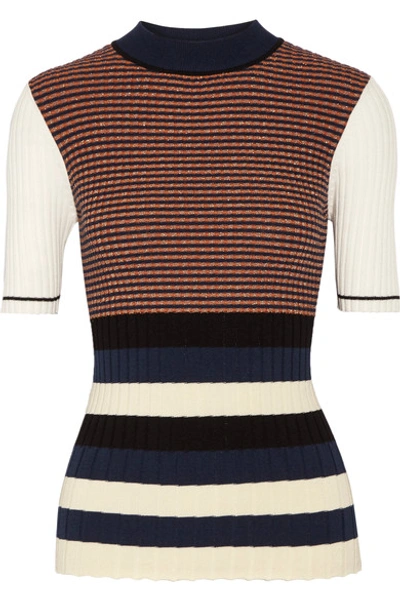 Shop Opening Ceremony Striped Metallic Ribbed-knit Sweater