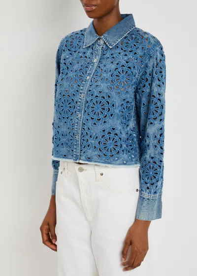 Alice And Olivia Finely Cropped Laser Cut Jacket In Blue