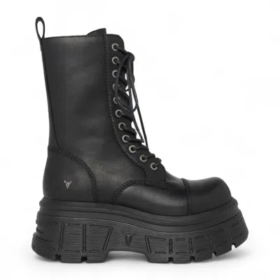 Windsorsmith Womens Black Mid-calf Biker Leather Platform Combat Boots - Screaming