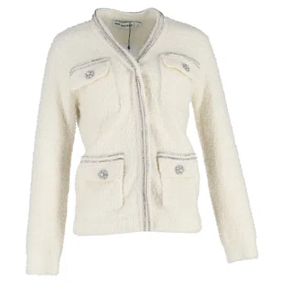 Self-portrait Embellished Bouclé-knit Cardigan In White Polyamide In White