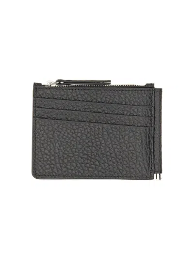 Maison Margiela Textured Black Leather Card Holder With Logo In Black