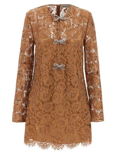 Self-portrait 'tan Lace Bow Mini' Dress In Brown