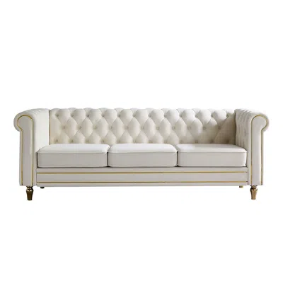 Streamdale Furniture Streamdale Chesterfield Velvet Sofa 84.65 Inch For Living Room Beige Color