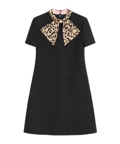 Valentino Wool-silk Leopard-tie Mini Dress In Black