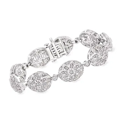 Ross-simons Diamond Flower Oval-link Bracelet In Sterling Silver